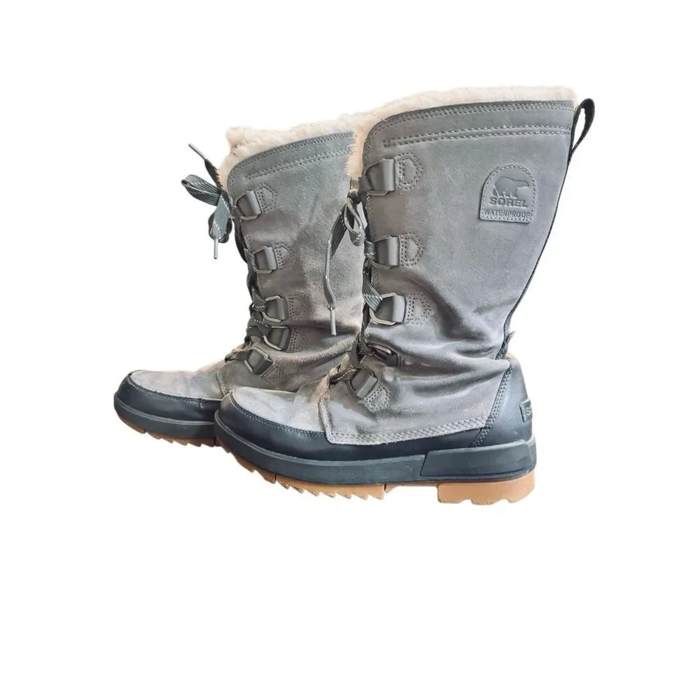 Sorel Waterproof Winter Boots Women’s 11 Gray Lace Up Faux Fur Snow